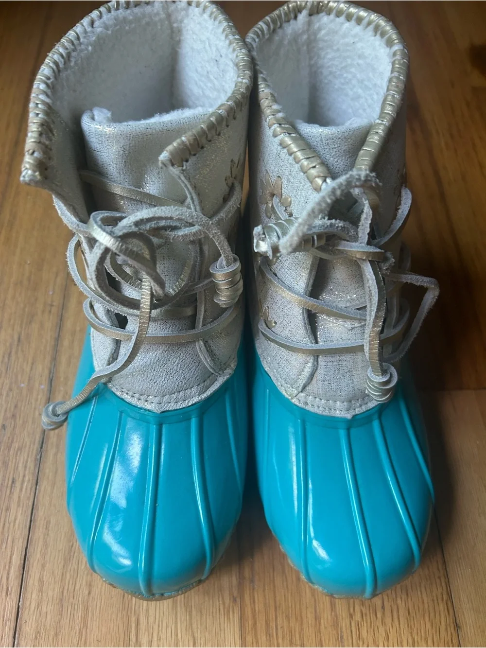 Jack Rogers Chloe Duck Boots in Teal and Metalic Gold Flake